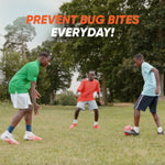 Outdoor lifestyle scene of three youth playing soccer with text promoting prevention of bug bites every day