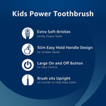 Informational graphic on navy background listing features of a kids power toothbrush including extra soft bristles and large on/off button.