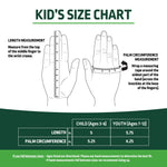 Kid's size chart illustration showing hand length and palm circumference measurements with a table for child and youth sizes.