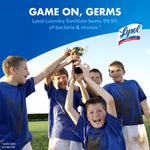 Promotional lifestyle image of children in blue soccer shirts holding a trophy with Lysol logo and campaign headline