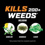 Graphic stating "KILLS 200+ WEEDS" with images of dandelion, crabgrass and clover on black background
