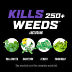Black product graphic stating 'Kills 250+ weeds' with images and labels for dollarweed, dandelion, clover, and chickweed