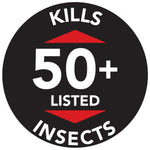 Black circular badge graphic reading "Kills 50+ Listed Insects" with red arrows