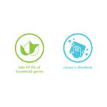 Two circular icons: green leaf symbol with text 'kills 99.9% of household germs' and blue wiping hand icon with 'cleans + disinfects'.