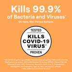 Orange background with large text 'Kills 99.9% of Bacteria and Viruses' and a circular 'Kills COVID-19 Virus' badge