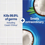 Split image showing tiled surface and blue product background with text claiming it kills 99.9% of germs and smells extraordinary