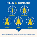 Infographic on blue background showing target icons over illustrated mosquitoes, houseflies, wasps, bees and hornets with 'Kills by Contact' header