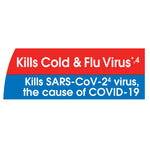 Red and blue label graphic reading that the product kills cold and flu virus and references SARS-CoV-2, isolated on white background