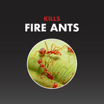 Graphic on dark background with large text 'Kills Fire Ants' and close-up circular photo of red fire ants on a leaf.