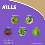 Informational graphic with heading 'KILLS' and circular photos of bagworms, beetles, mites, caterpillars and thrips