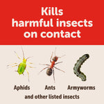 Graphic reading ‘Kills harmful insects on contact’ with images of an aphid, an ant and an armyworm