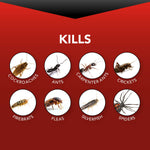 Graphic panel on red background showing insects killed including cockroaches, ants, crickets, fleas, silverfish and spiders