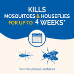Graphic stating 'Kills mosquitoes & houseflies for up to 4 weeks' with calendar icon and insect illustrations on cream and blue background