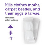 Graphic stating product kills clothes moths and carpet beetles with wrapped moth ball images