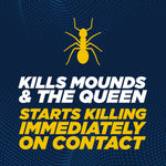 Graphic panel with yellow ant icon and bold text stating it kills mounds and the queen and starts killing on contact