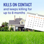 Lawn and house background with text claim about killing on contact and a calendar graphic indicating long-lasting effect