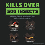 Graphic panel stating "Kills over 500 insects" with images and labels for lanternflies, ants, spiders and cockroaches