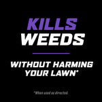 Black promotional graphic with purple and white text stating 'Kills weeds without harming your lawn' and a small disclaimer line