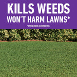 Graphic lawn scene with bold purple banner stating 'KILLS WEEDS WON'T HARM LAWNS*' above green turf and shrubbery.