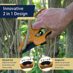 Hand using orange ratchet pruning shears to cut small branches with overlay text describing innovative 2-in-1 design