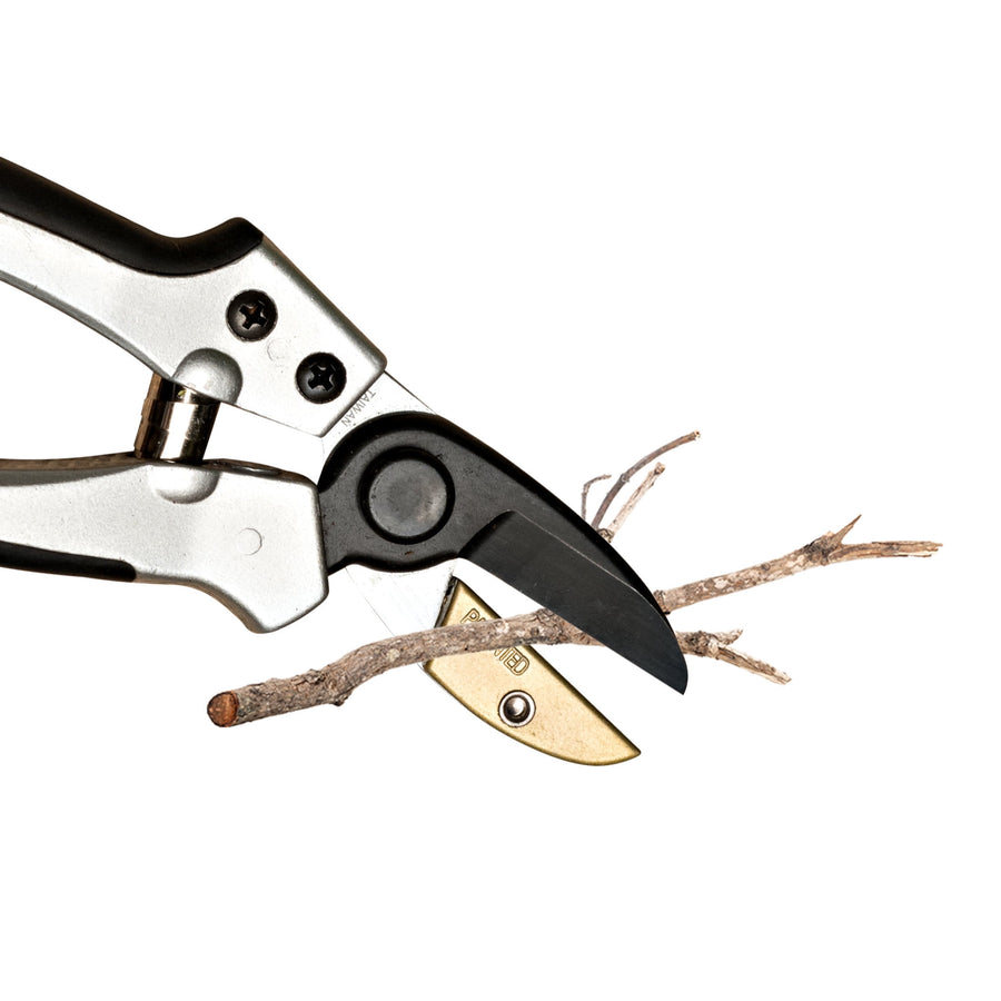 Close-up of Kings County Tools anvil pruning shears cutting a small dry twig on a white background