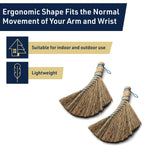Two straw whisk brooms with blue binding alongside infographic text noting ergonomic shape and lightweight use.