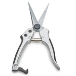 Close-up of silver pruning shears with 2.5-inch pointed blades and black grip inserts on white background.