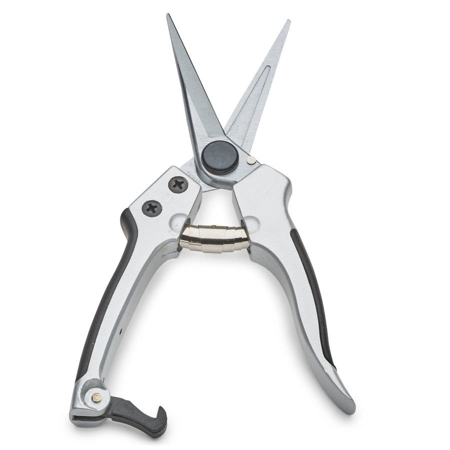 Close-up of silver pruning shears with 2.5-inch pointed blades and black grip inserts on white background.