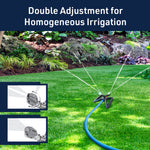 Lawn scene infographic showing a triangular sprinkler connected to a hose with spray arcs and text about double adjustment for irrigation.