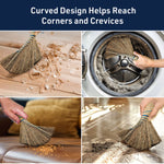 Collage of four images showing a straw whisk broom cleaning wood shavings, a dryer drum, upholstery crumbs, and floor dust.