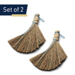 Set of two natural straw whisk brooms with blue binding and a 'Set of 2' banner on white background.