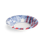 Angled close-up of a single Kingsford Americana paper bowl showing printed stars and distressed stripes