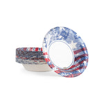 Stack of Kingsford Americana patterned paper bowls with one bowl propped forward to show interior rim