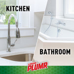 Split lifestyle-style image showing a kitchen faucet on the left and a bathroom tub on the right with Liquid-Plumr logo