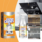Kitchen cleaner spray bottle and box with before-and-after inset showing cleaned range hood grates