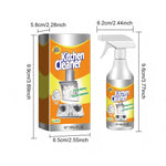 Product dimensions graphic showing a kitchen cleaner spray bottle and its boxed packaging with lemon label
