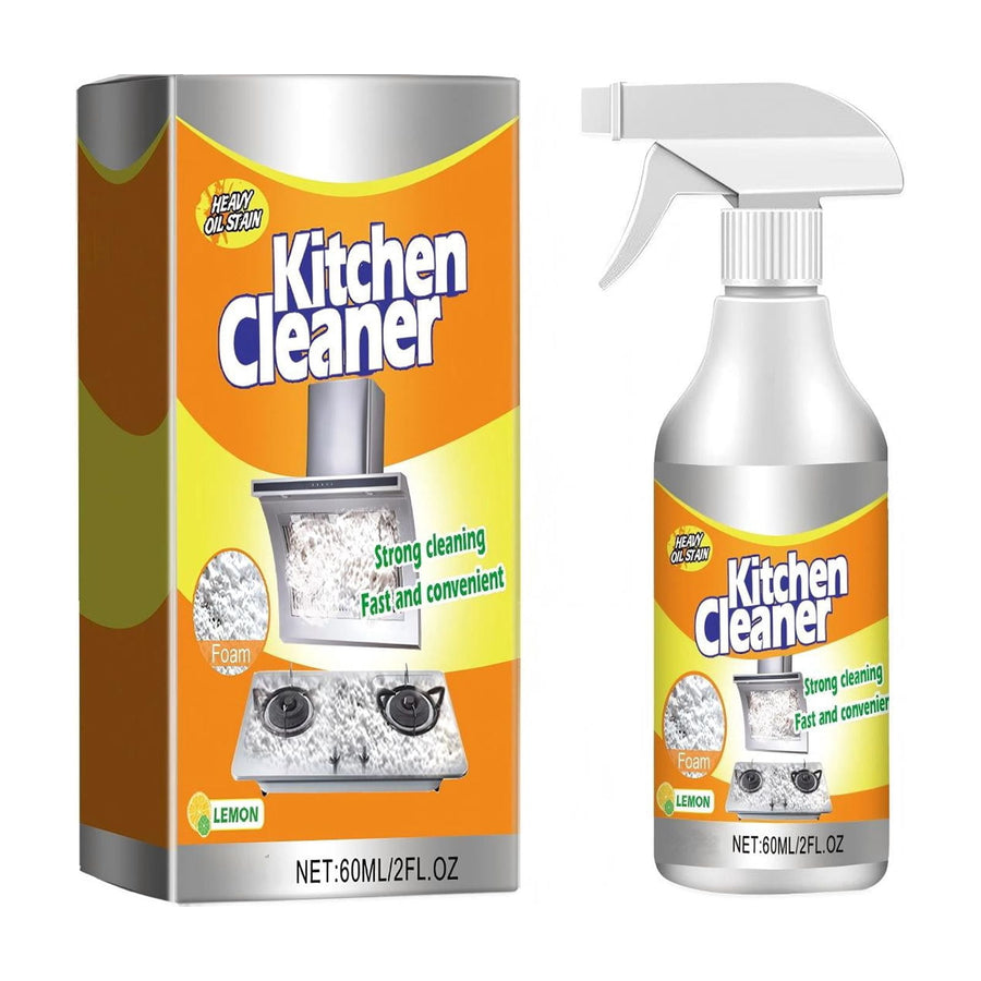 Spray bottle and matching boxed packaging labeled 'Kitchen Cleaner' with lemon graphic