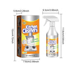 Product dimensions diagram showing a spray bottle and matching boxed packaging labeled "Kitchen Cleaners"
