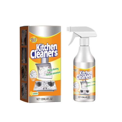 Spray bottle and boxed packaging labeled "Kitchen Cleaners" with lemon graphic