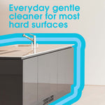 Kitchen countertop vignette with text 'Everyday gentle cleaner for most hard surfaces' and blue graphic accent
