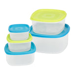 Kitchen Details nested plastic food storage containers with blue and lime green lids on white background