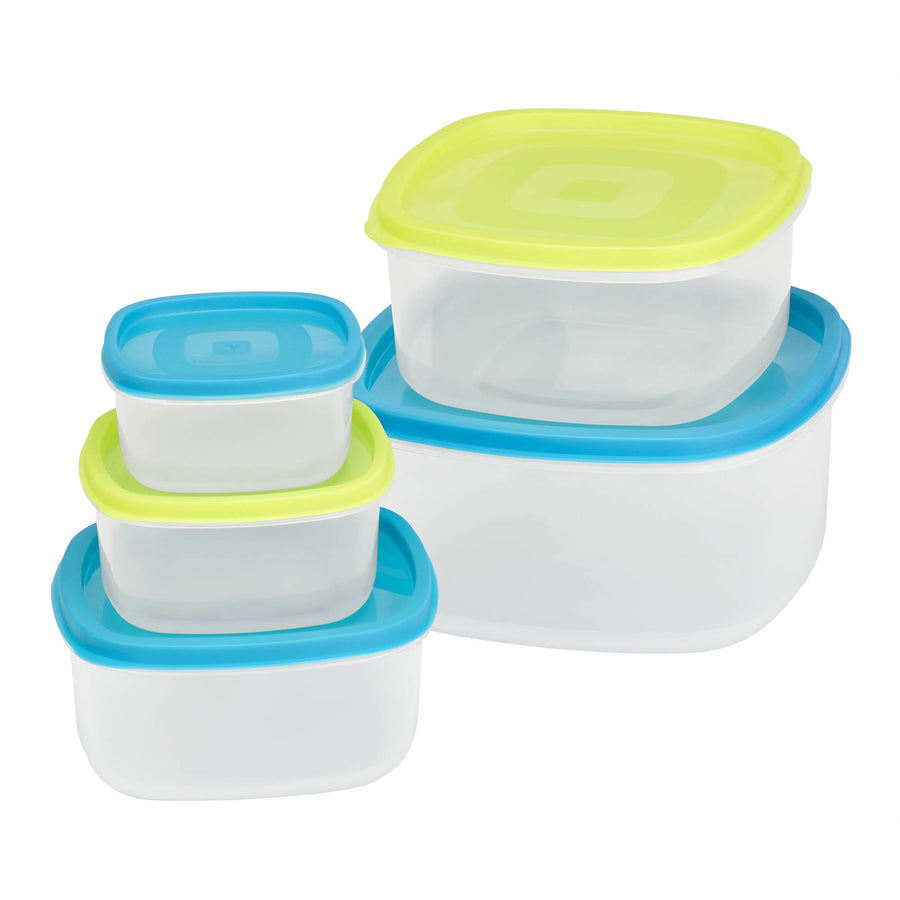 Kitchen Details nested plastic food storage containers with blue and lime green lids on white background