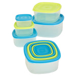 Set of Kitchen Details plastic food storage containers with stacked blue and lime green lids shown nested and separated