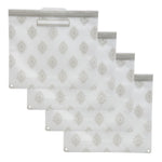 Four translucent reusable zipper gallon bags with gray geometric pattern arranged overlapping on white background.