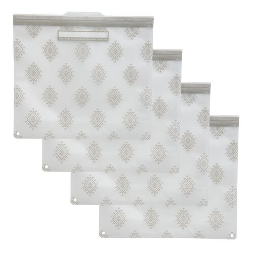 Four translucent reusable zipper gallon bags with gray geometric pattern arranged overlapping on white background.