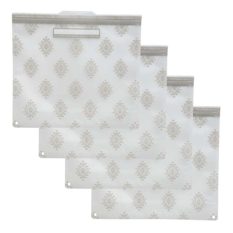 Four translucent reusable zipper gallon bags with gray geometric pattern arranged overlapping on white background.