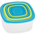 Close-up top view of nested square Kitchen Details lids in alternating blue and lime green sitting on a container