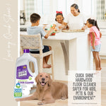 Kitchen scene with children at an island, a dog in foreground and a Quick Shine bottle inset promoting family-safe cleaning