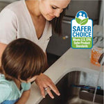 Lifestyle shot of an adult and child at a kitchen sink with a Safer Choice badge visible on the right side of the image