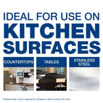 Informational graphic titled ‘Ideal for use on Kitchen Surfaces’ with images for countertops, tables and stainless steel